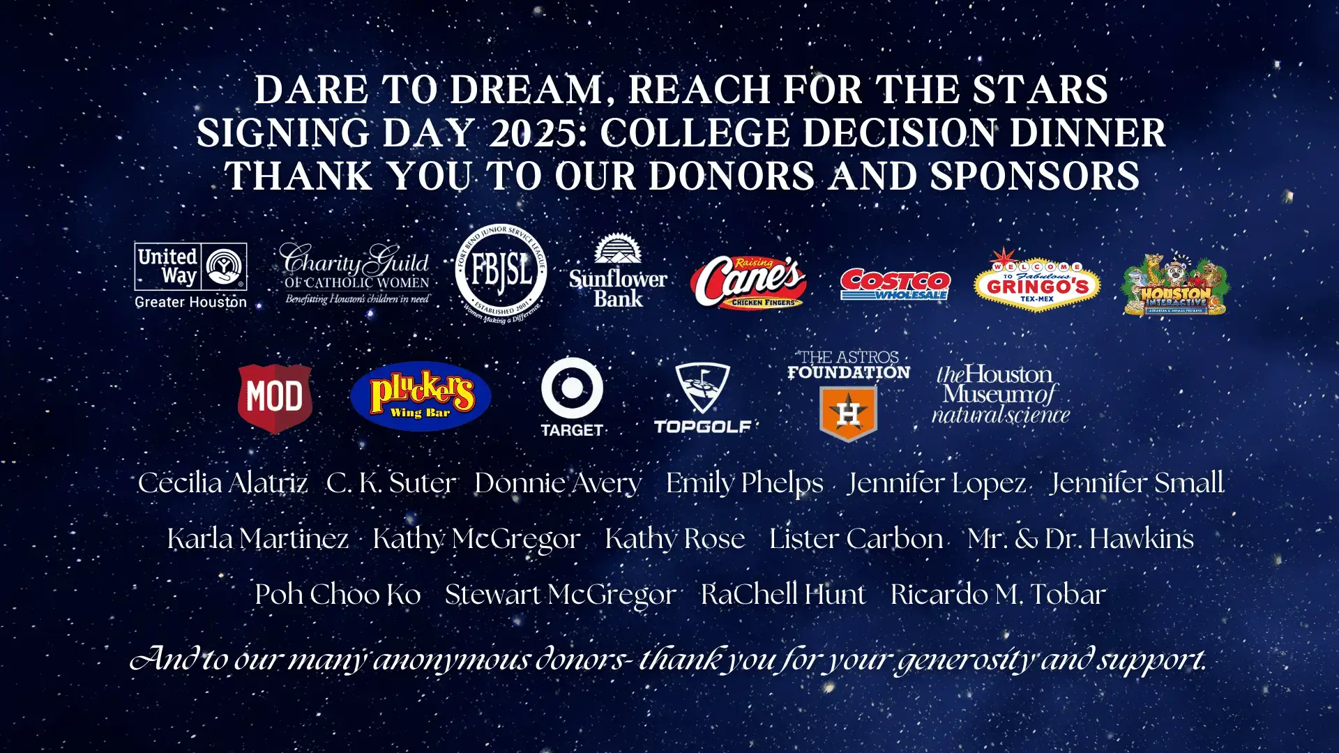 Thank you banner for College Decision Day 2025 donors and sponsors.